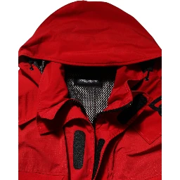 Red Nylon Hooded Men Full Zip Parka Jacket