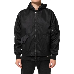 Black Nylon Hooded Full Zip Bomber Men Jacket