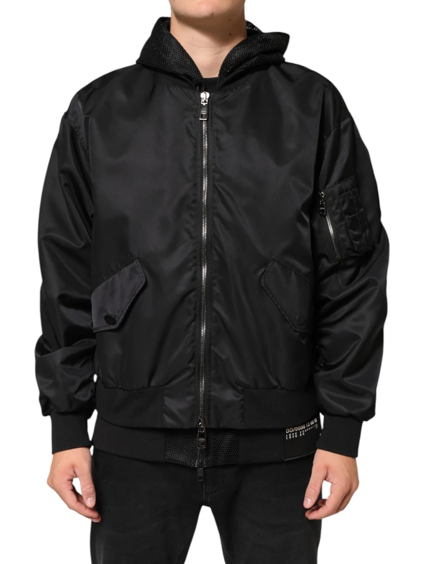 Black Nylon Hooded Full Zip Bomber Men Jacket