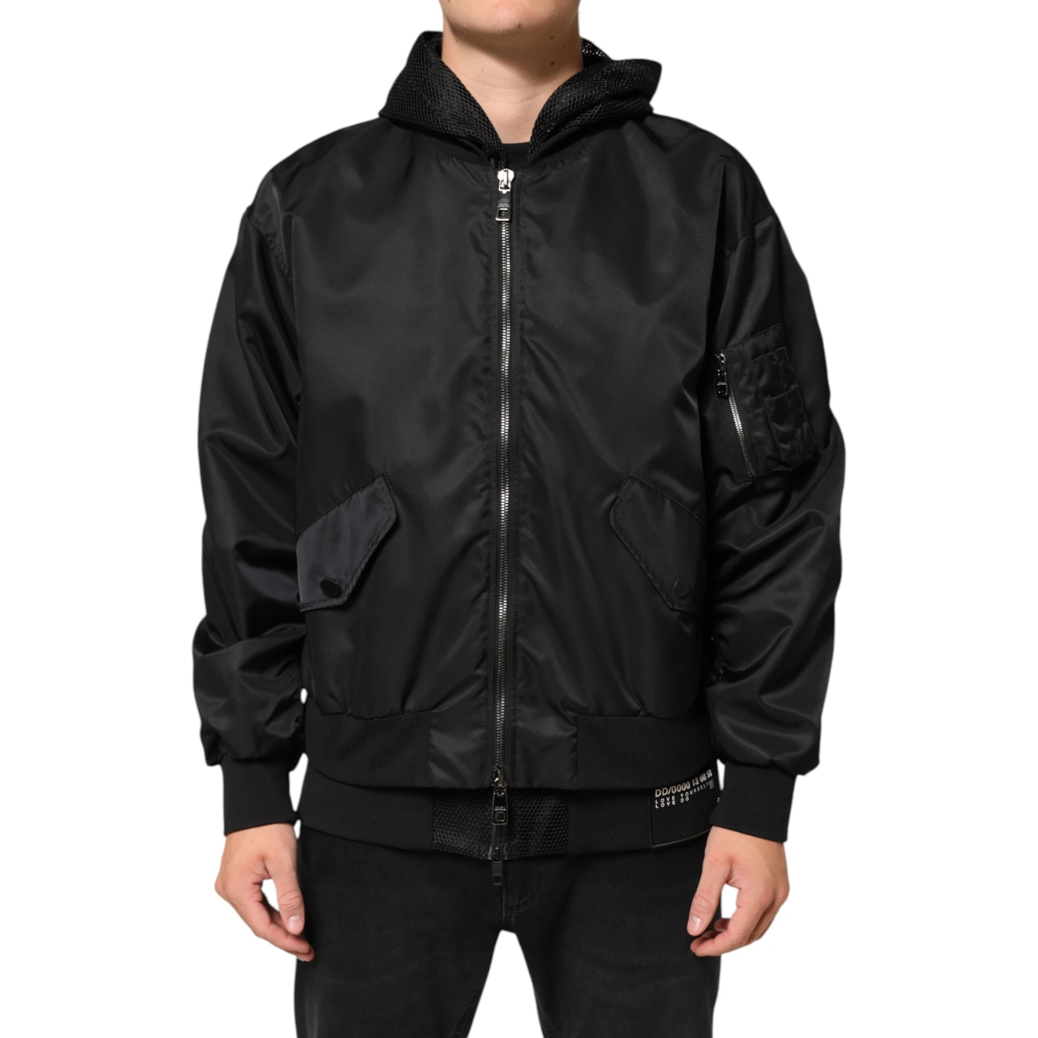 Black Nylon Hooded Full Zip Bomber Men Jacket