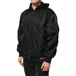Black Nylon Hooded Full Zip Bomber Men Jacket