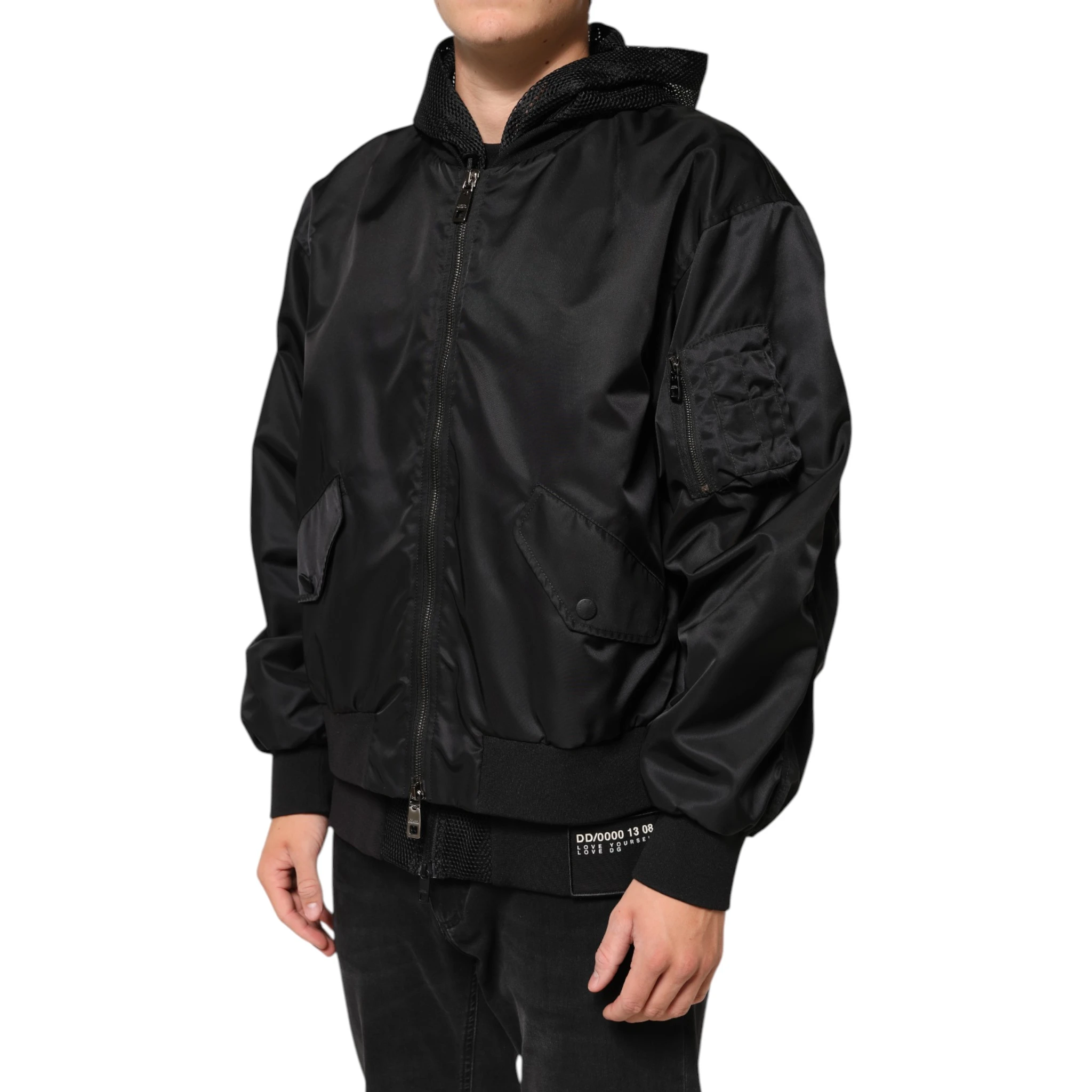 Black Nylon Hooded Full Zip Bomber Men Jacket