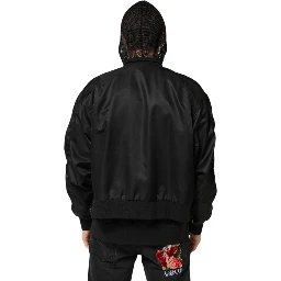 Black Nylon Hooded Full Zip Bomber Men Jacket