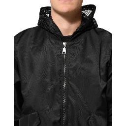 Black Nylon Hooded Full Zip Bomber Men Jacket