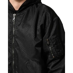 Black Nylon Hooded Full Zip Bomber Men Jacket