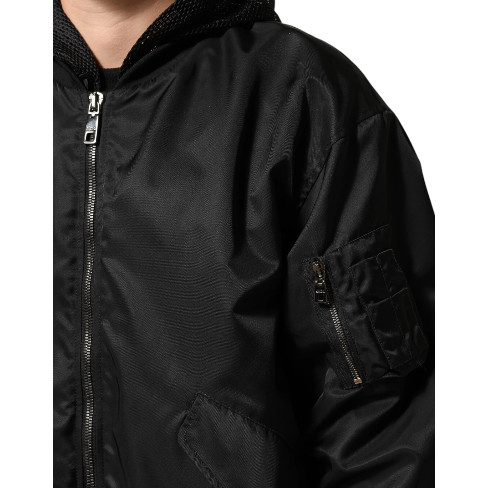 Black Nylon Hooded Full Zip Bomber Men Jacket