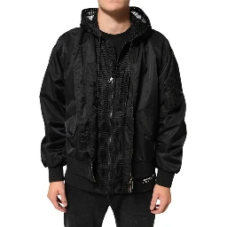 Black Nylon Hooded Full Zip Bomber Men Jacket