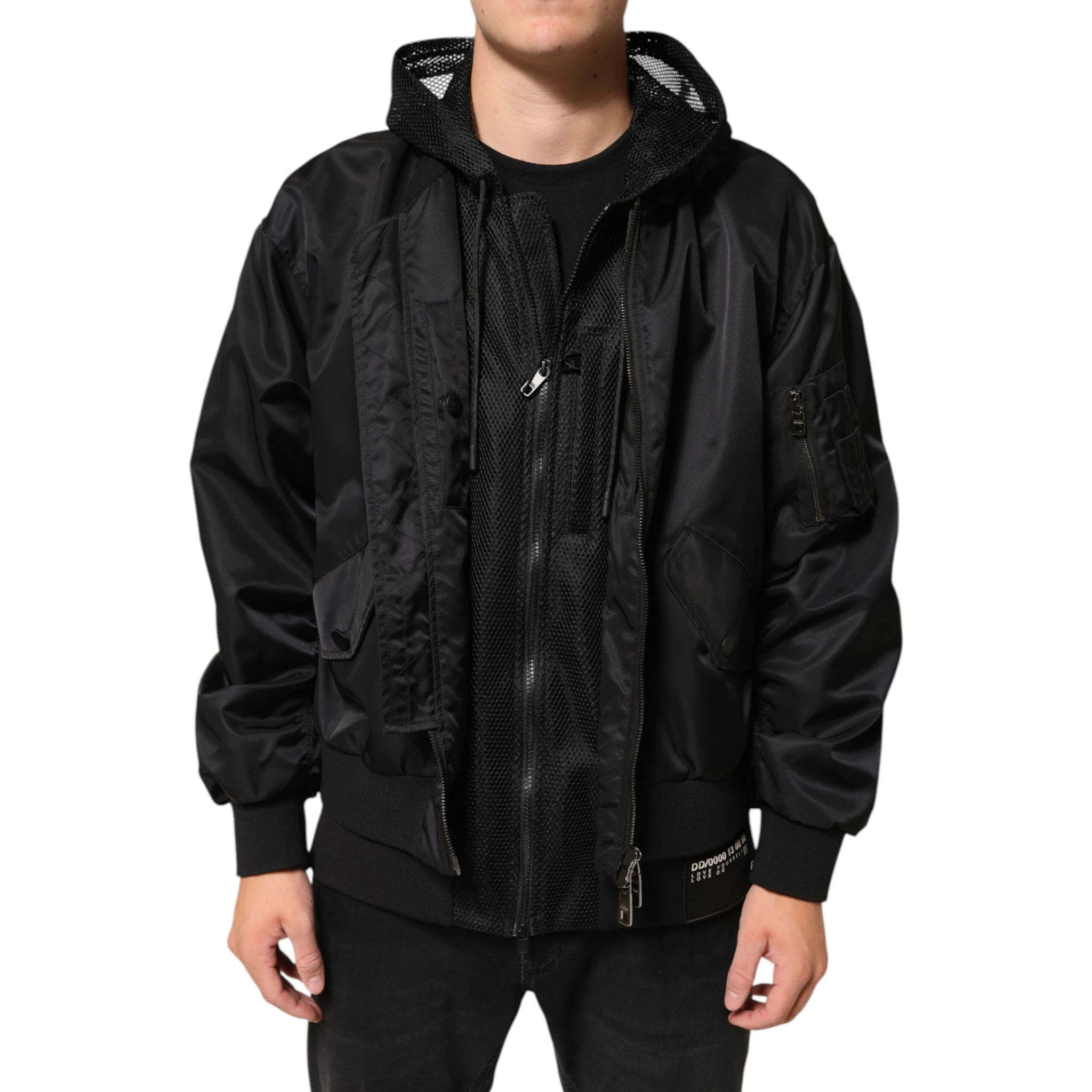 Black Nylon Hooded Full Zip Bomber Men Jacket