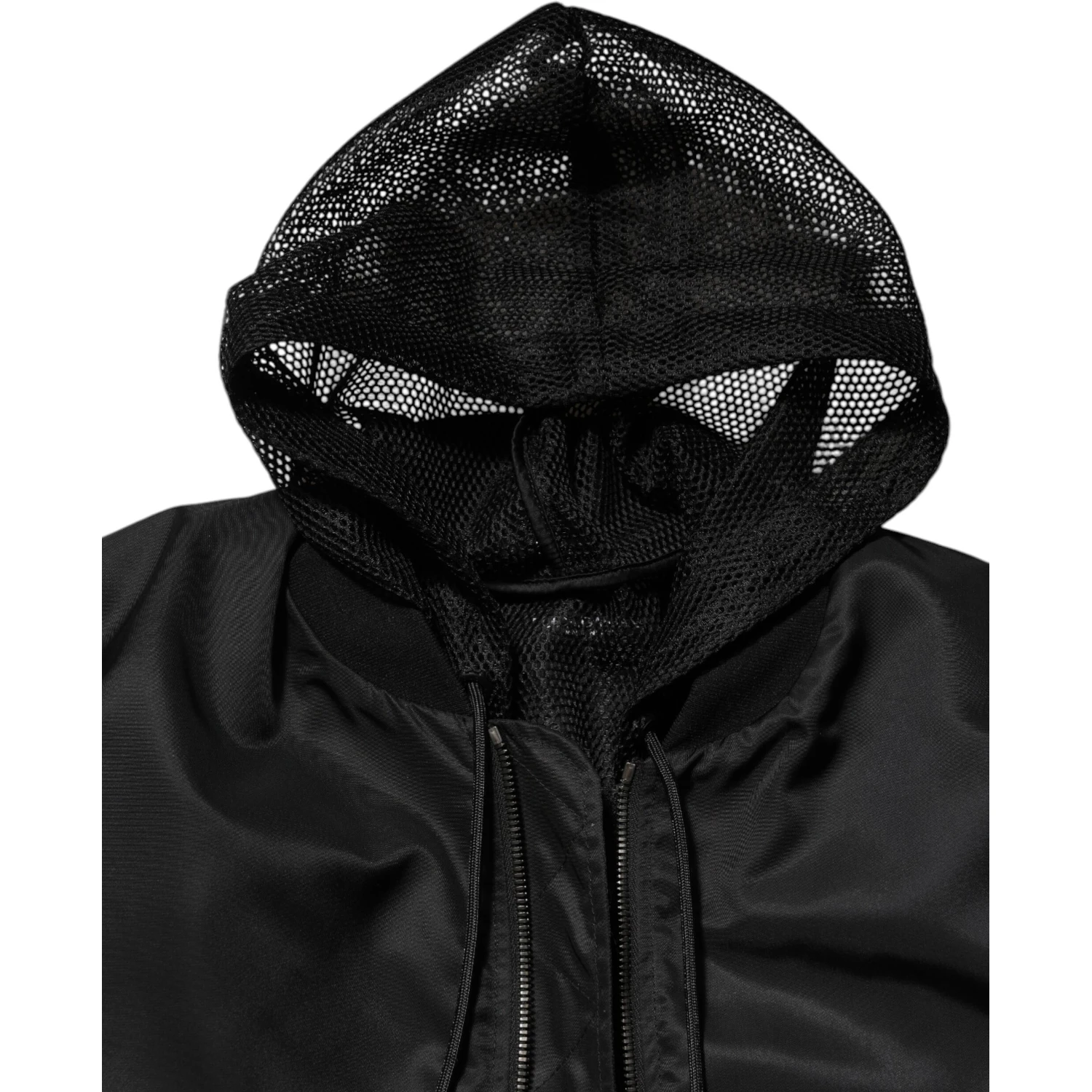 Black Nylon Hooded Full Zip Bomber Men Jacket