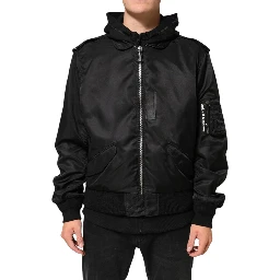 Black Cotton Hooded Full Zip Bomber Jacket