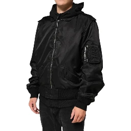 Black Cotton Hooded Full Zip Bomber Jacket