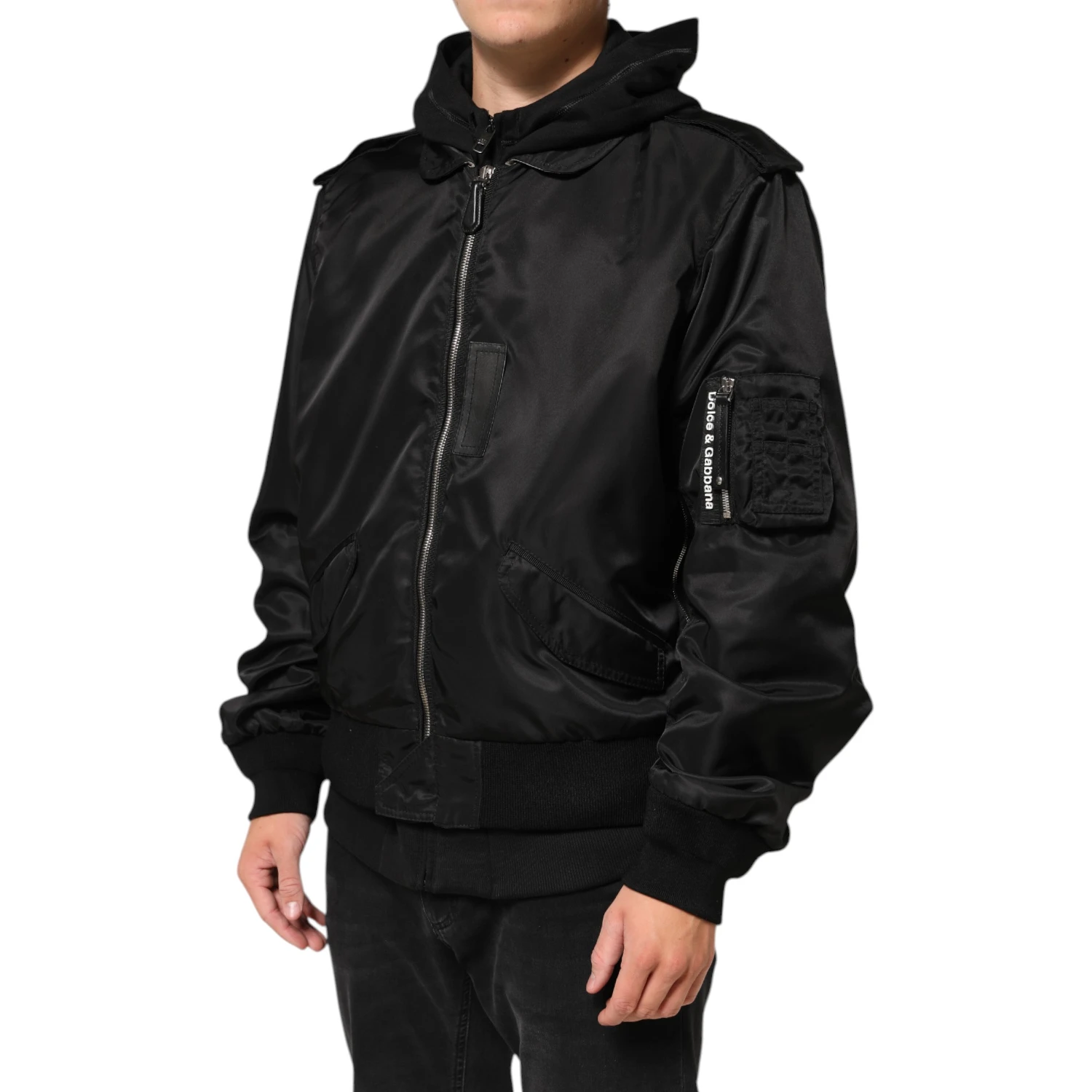 Black Cotton Hooded Full Zip Bomber Jacket