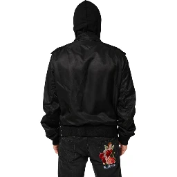 Black Cotton Hooded Full Zip Bomber Jacket