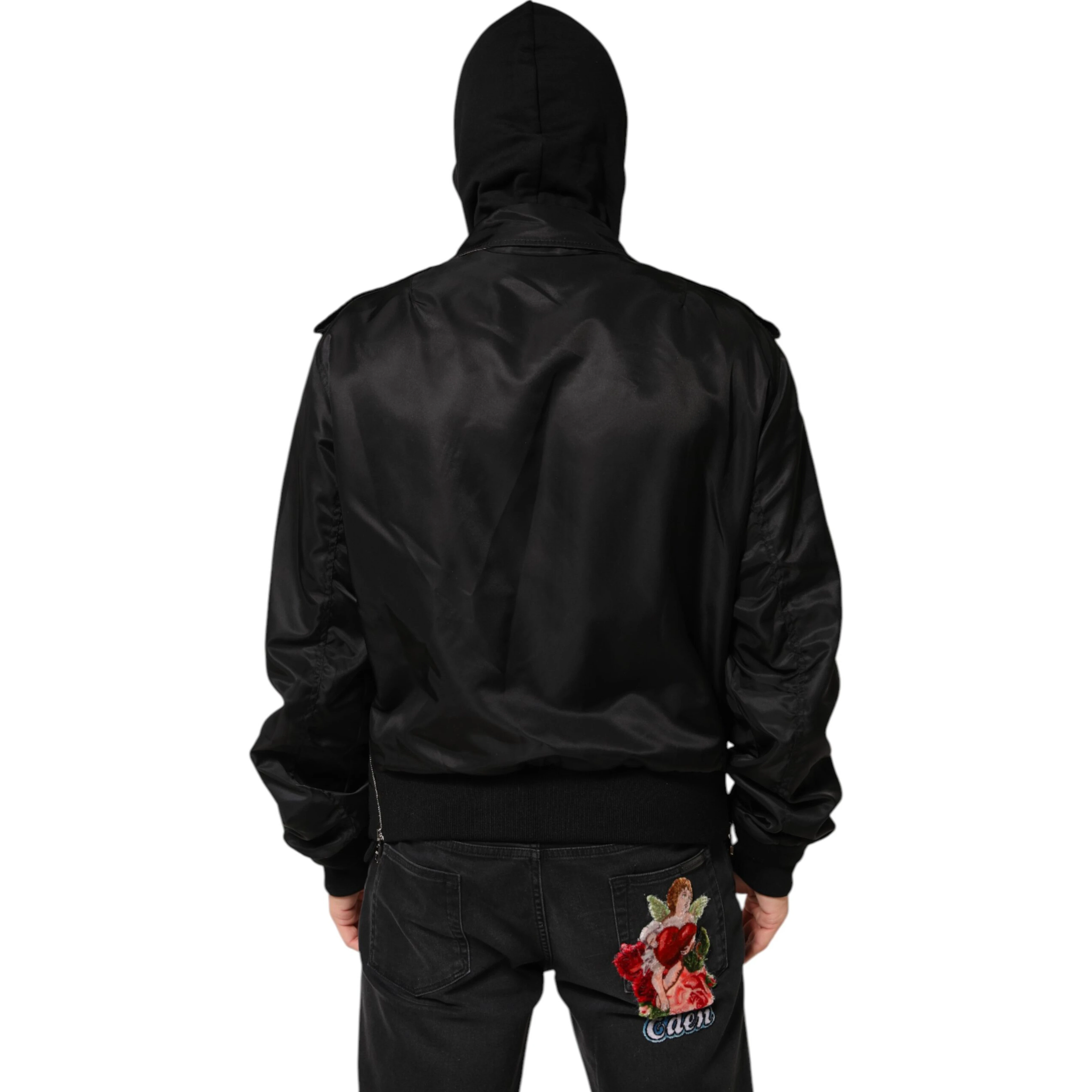 Black Cotton Hooded Full Zip Bomber Jacket
