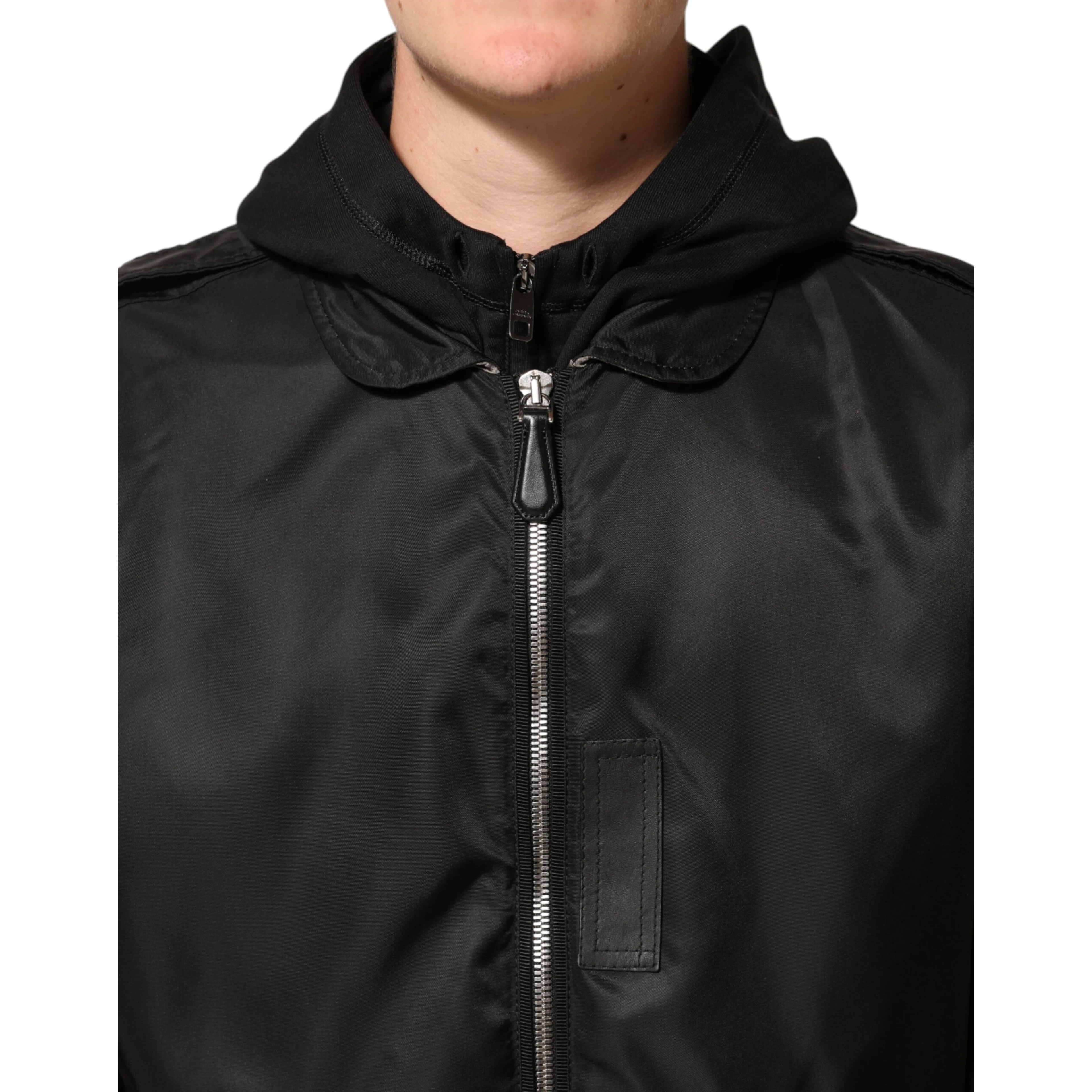 Black Cotton Hooded Full Zip Bomber Jacket