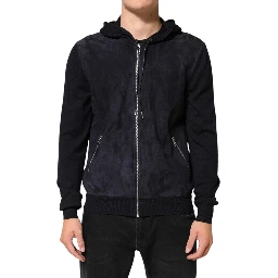 Black Leather Full Zip Hooded Blouson Jacket