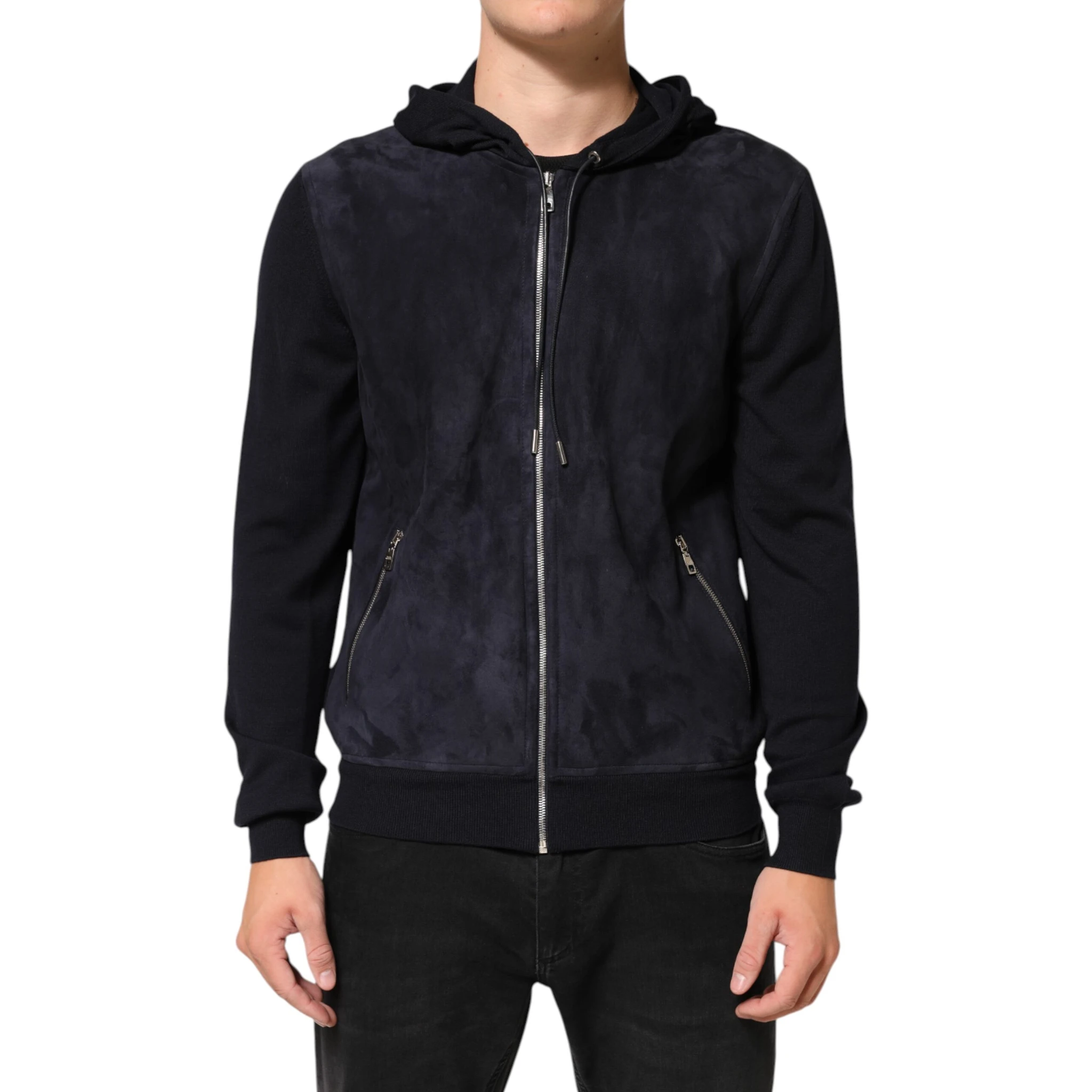 Black Leather Full Zip Hooded Blouson Jacket