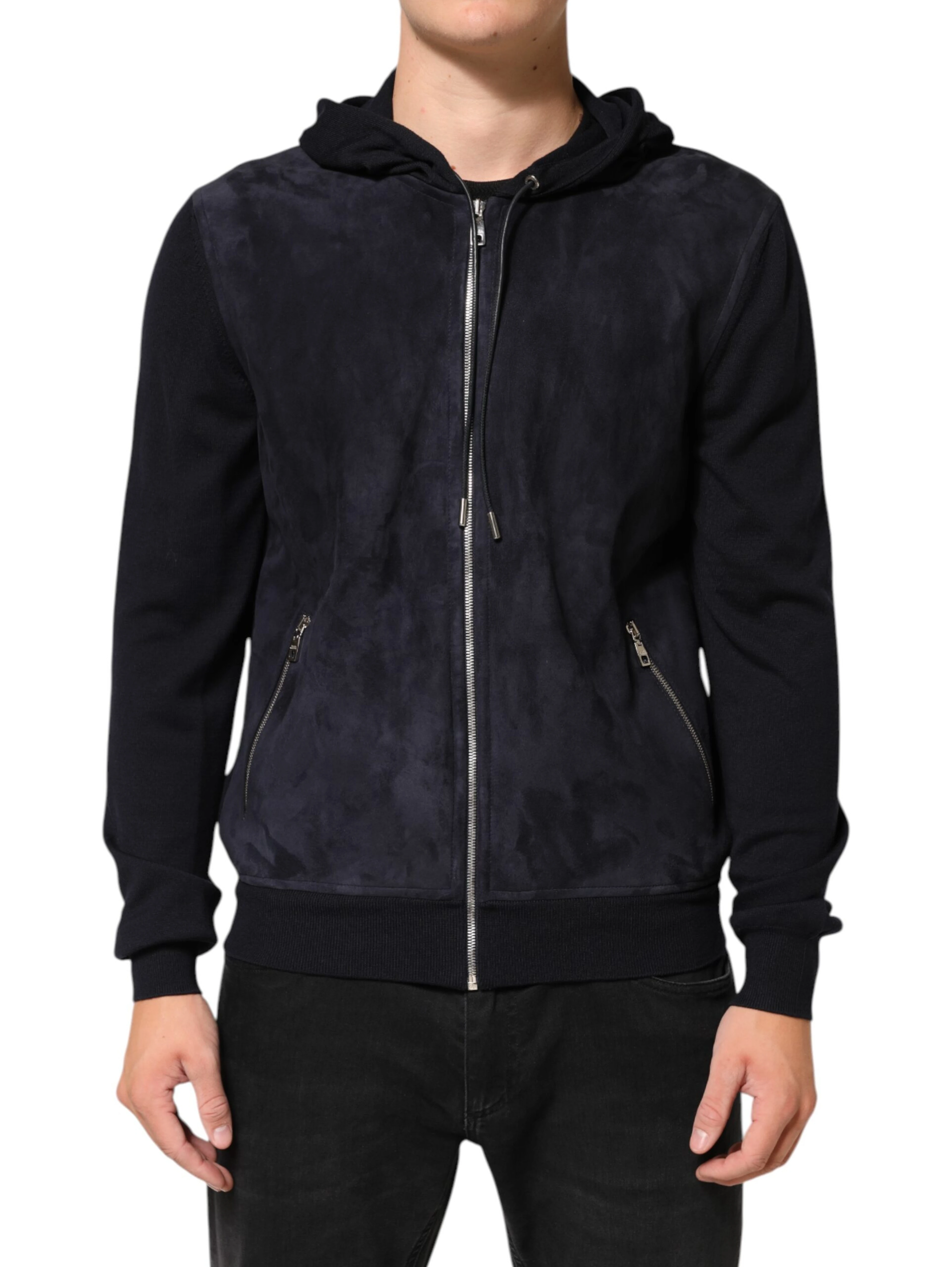 Black Leather Full Zip Hooded Blouson Jacket