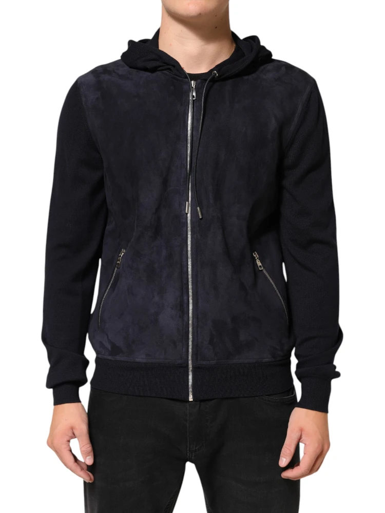 Black Leather Full Zip Hooded Blouson Jacket alternative