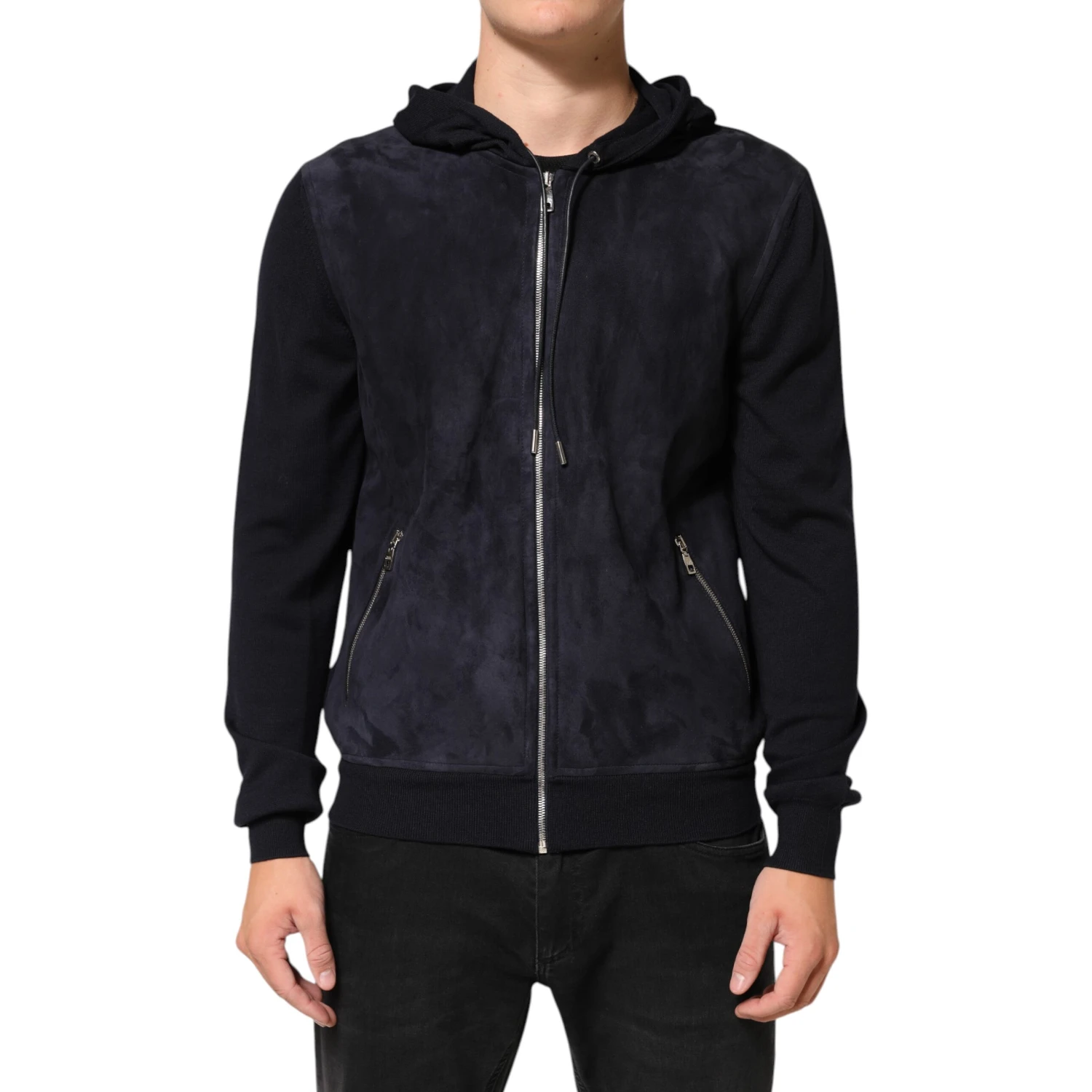 Black Leather Full Zip Hooded Blouson Jacket
