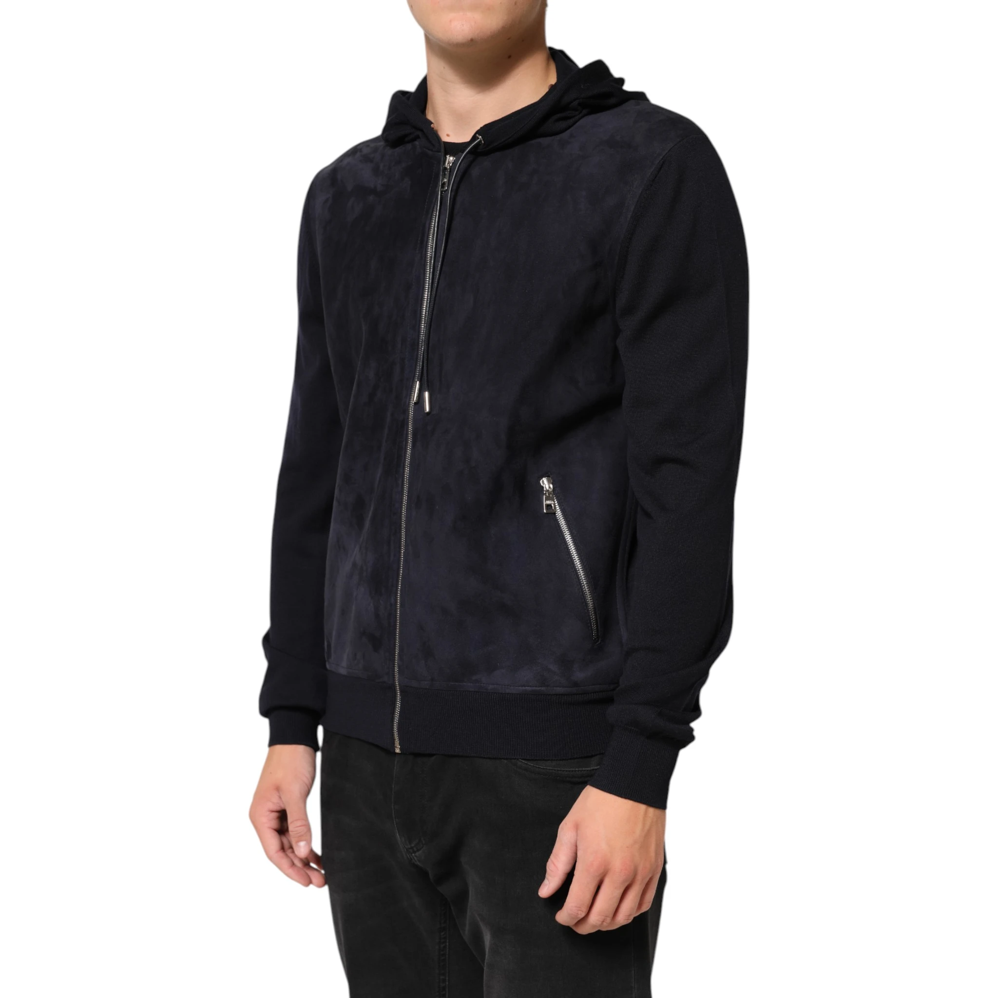 Black Leather Full Zip Hooded Blouson Jacket