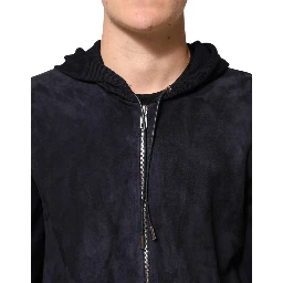Black Leather Full Zip Hooded Blouson Jacket