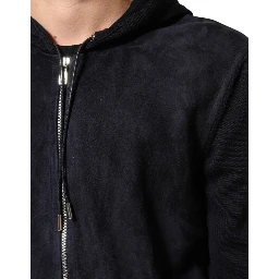 Black Leather Full Zip Hooded Blouson Jacket
