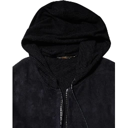 Black Leather Full Zip Hooded Blouson Jacket