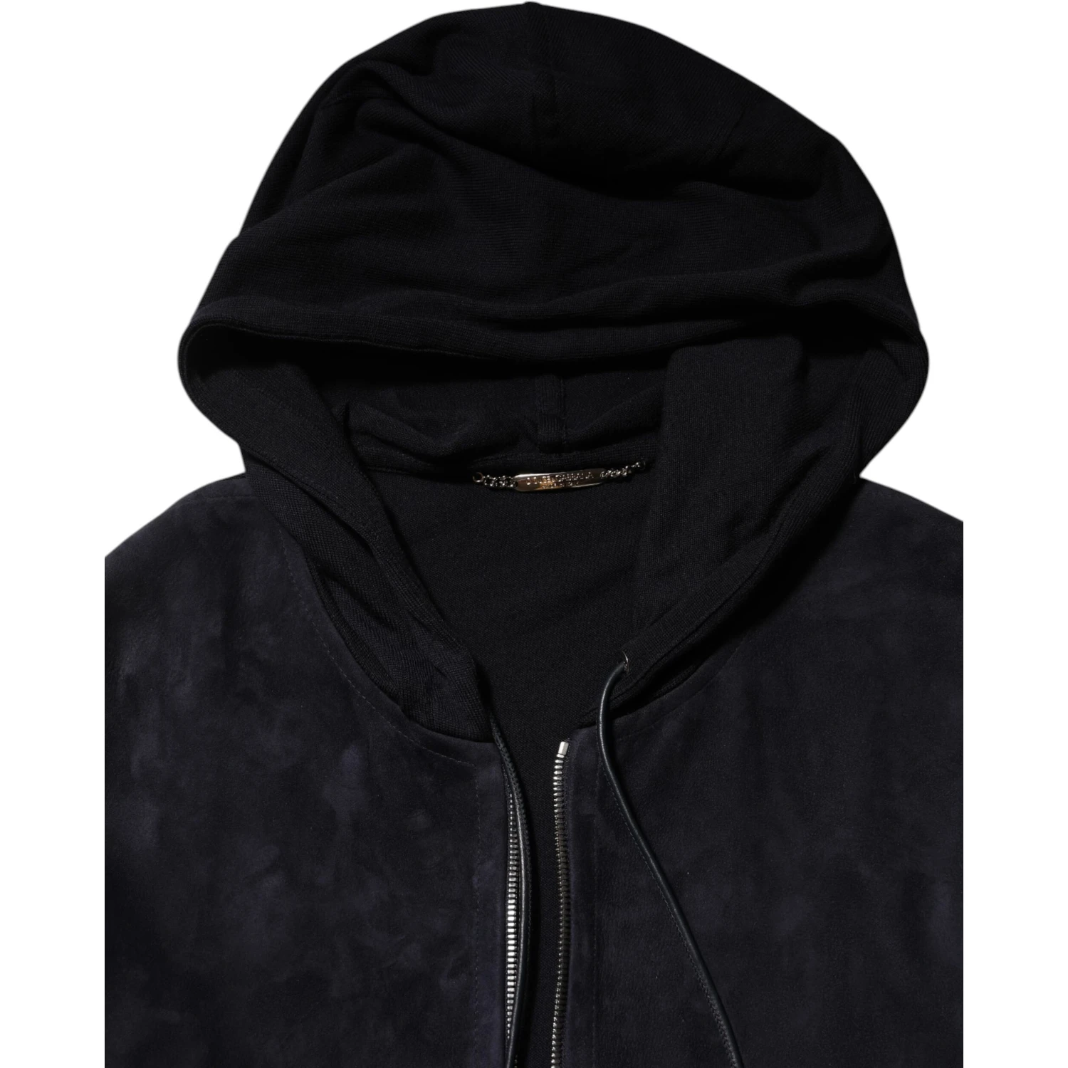Black Leather Full Zip Hooded Blouson Jacket
