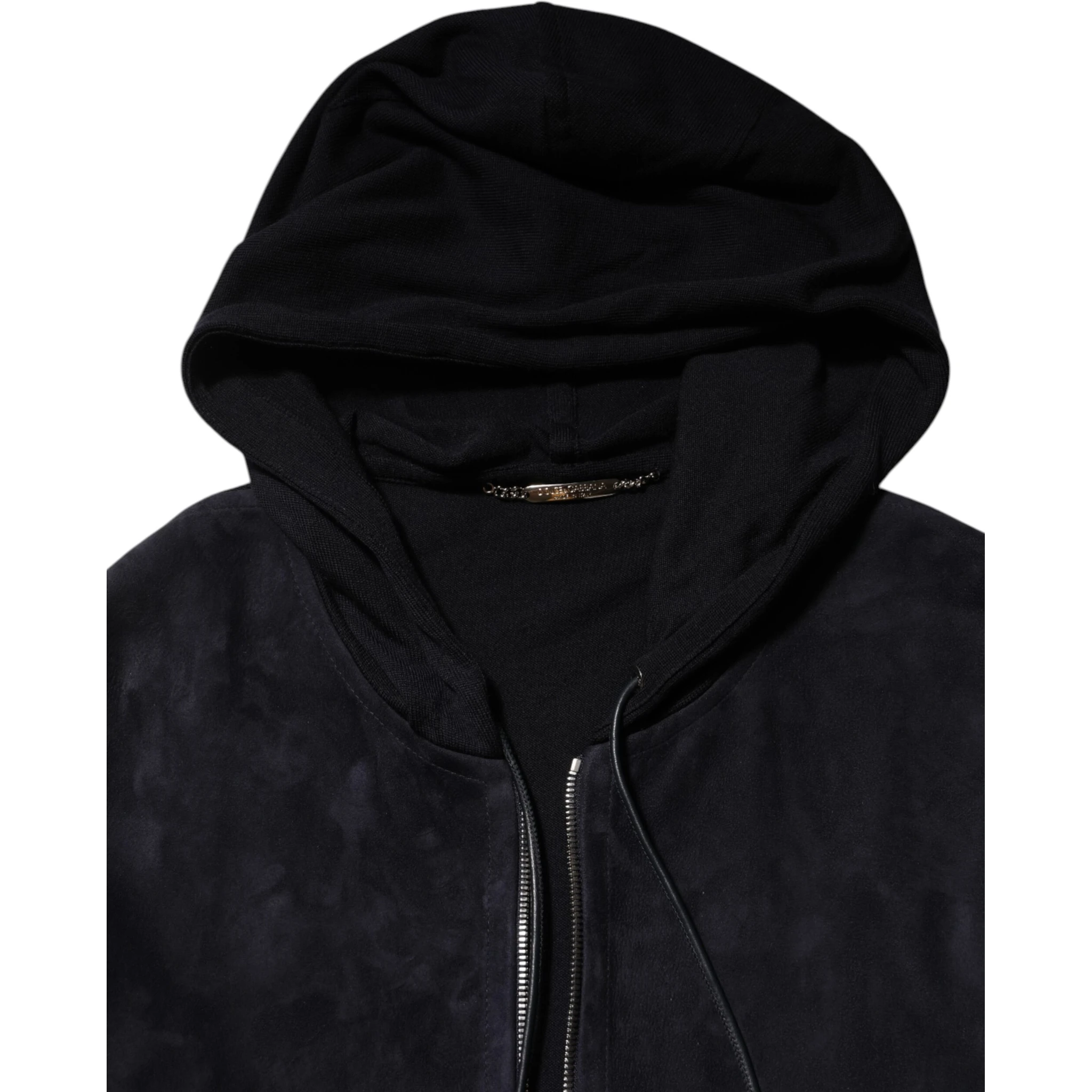 Black Leather Full Zip Hooded Blouson Jacket