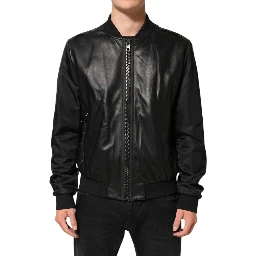Black Leather Nylon FullZip Blouson Jacket