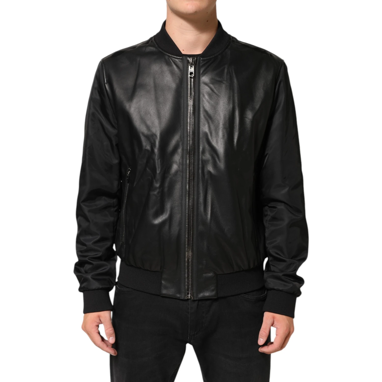 Black Leather Nylon FullZip Blouson Jacket