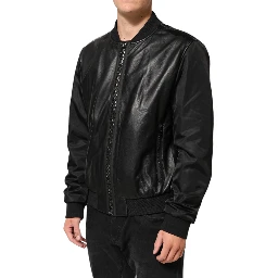 Black Leather Nylon FullZip Blouson Jacket