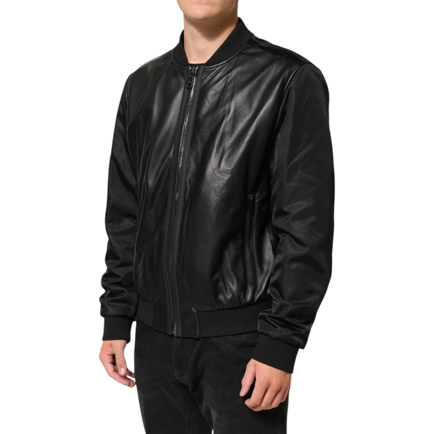 Black Leather Nylon FullZip Blouson Jacket