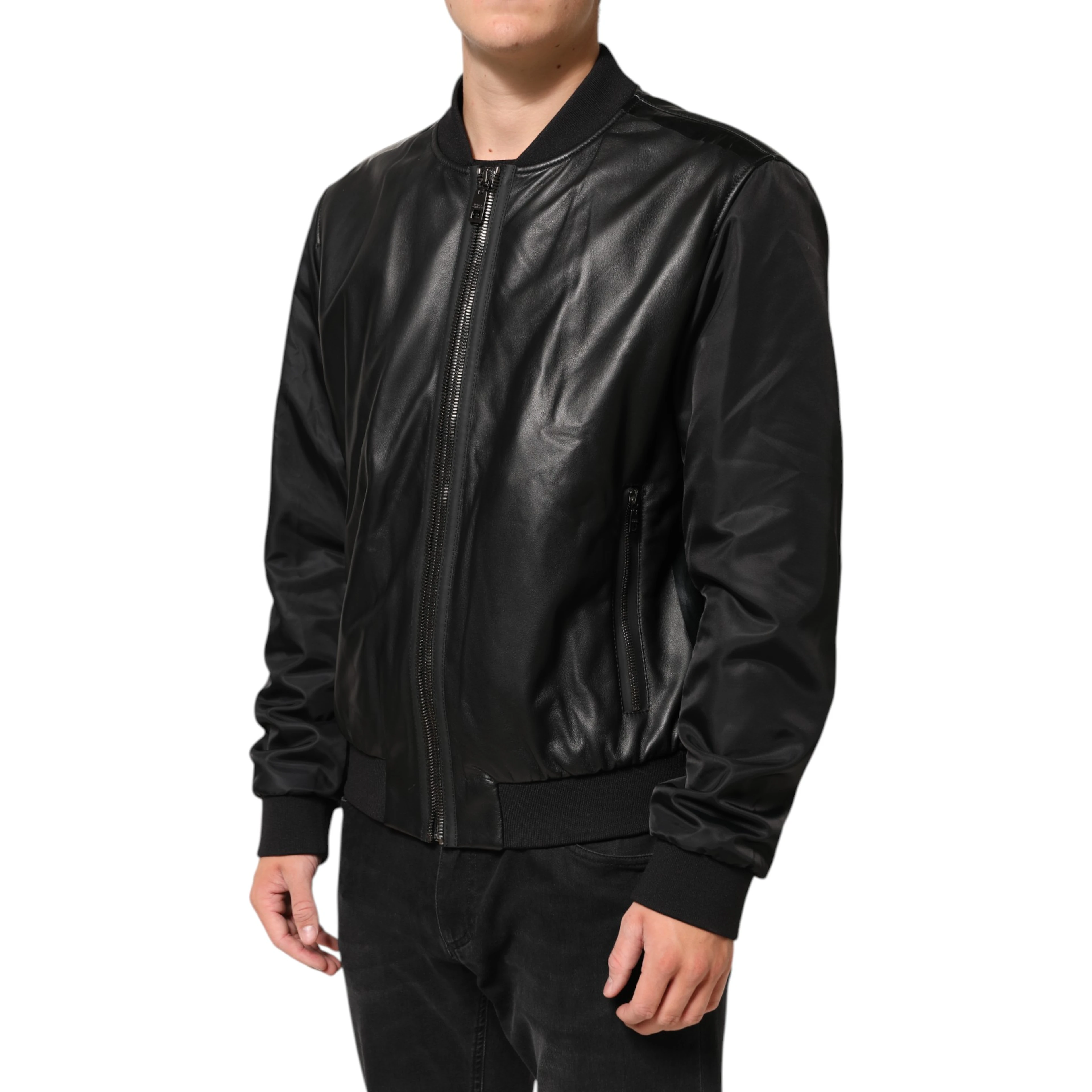Black Leather Nylon FullZip Blouson Jacket