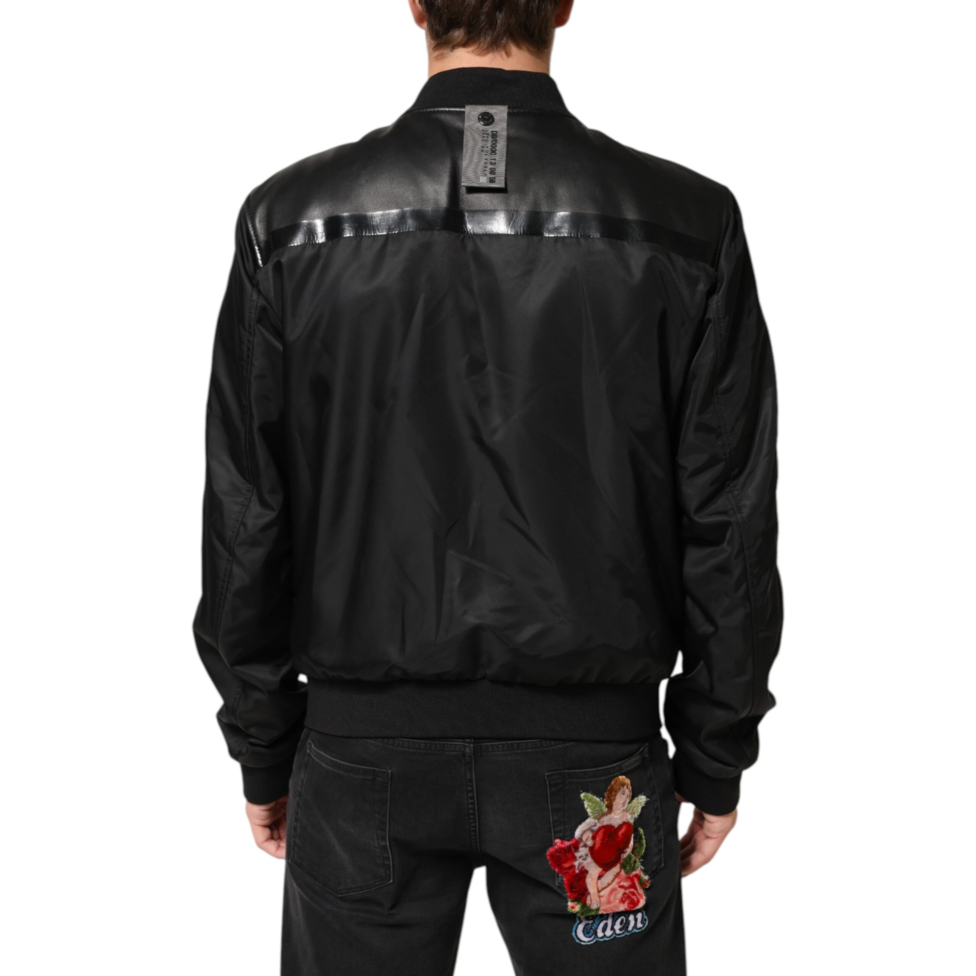 Black Leather Nylon FullZip Blouson Jacket