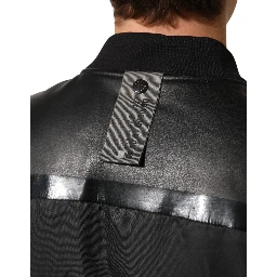 Black Leather Nylon FullZip Blouson Jacket