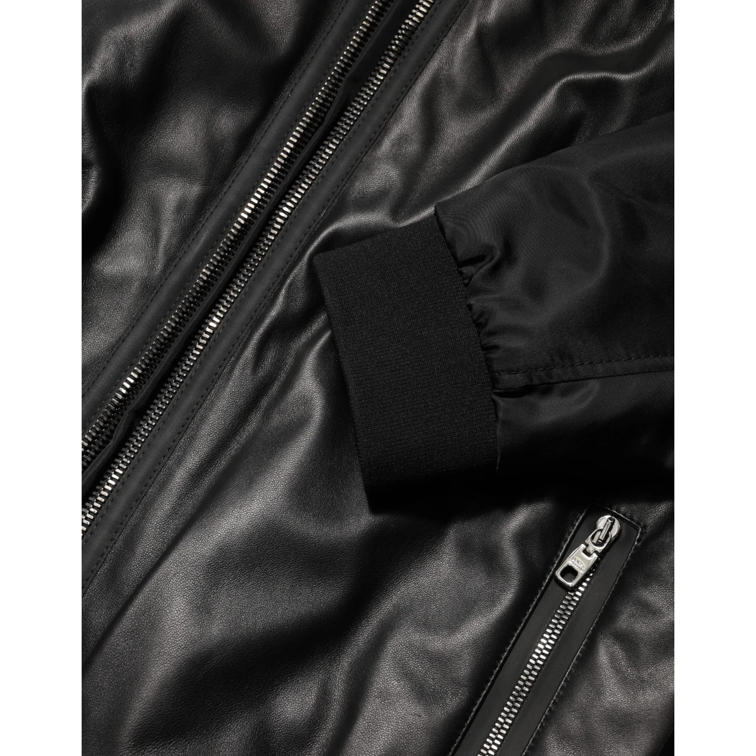 Black Leather Nylon FullZip Blouson Jacket