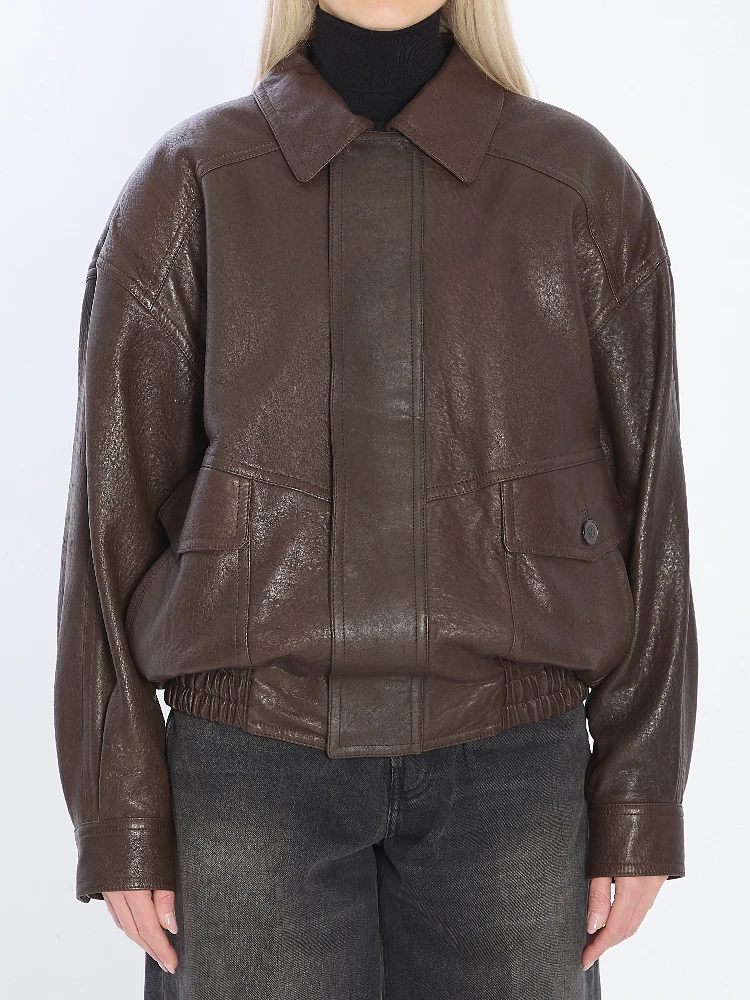 Balloon lambskin leather bomber jacket
