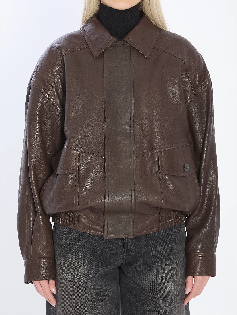 Balloon lambskin leather bomber jacket