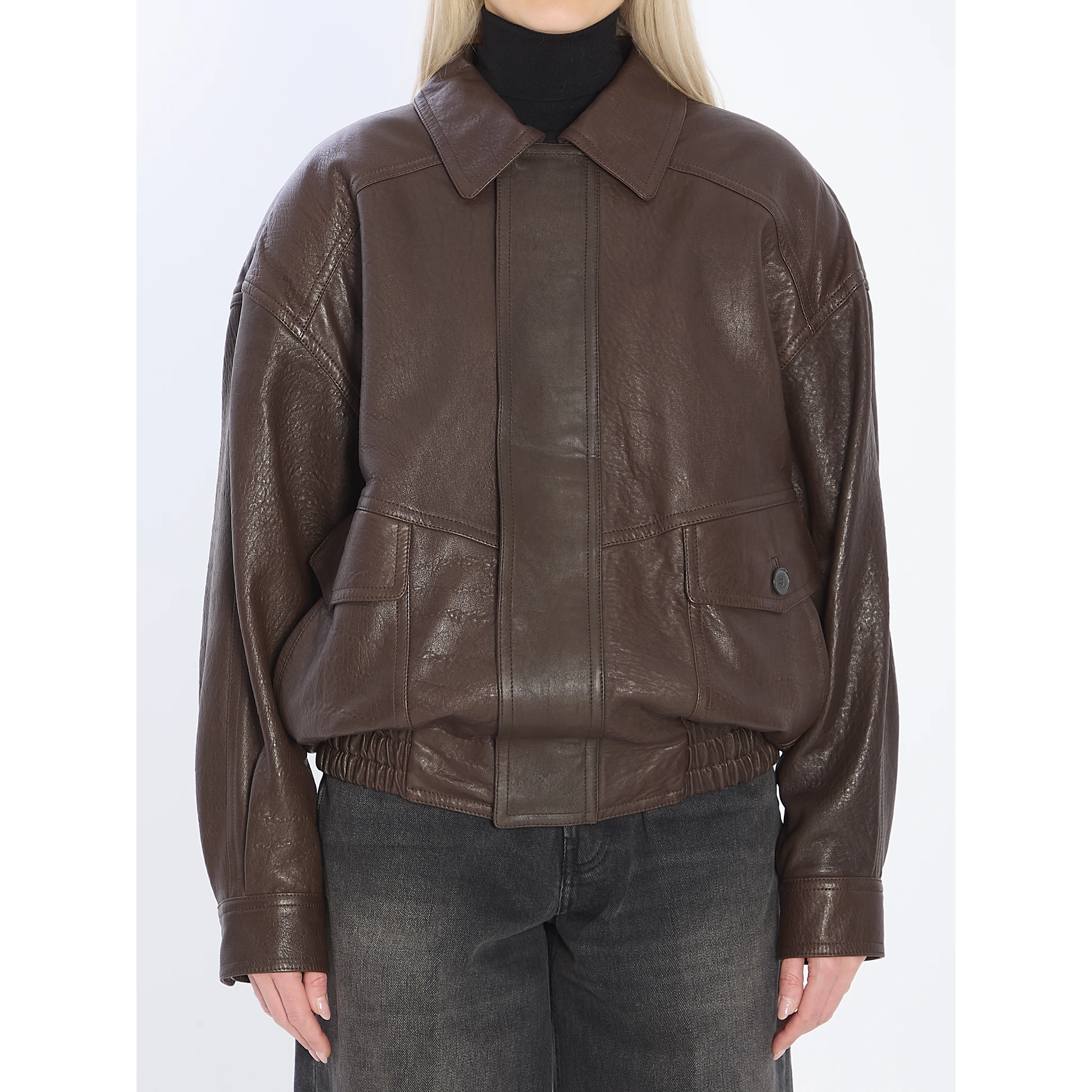 Balloon lambskin leather bomber jacket