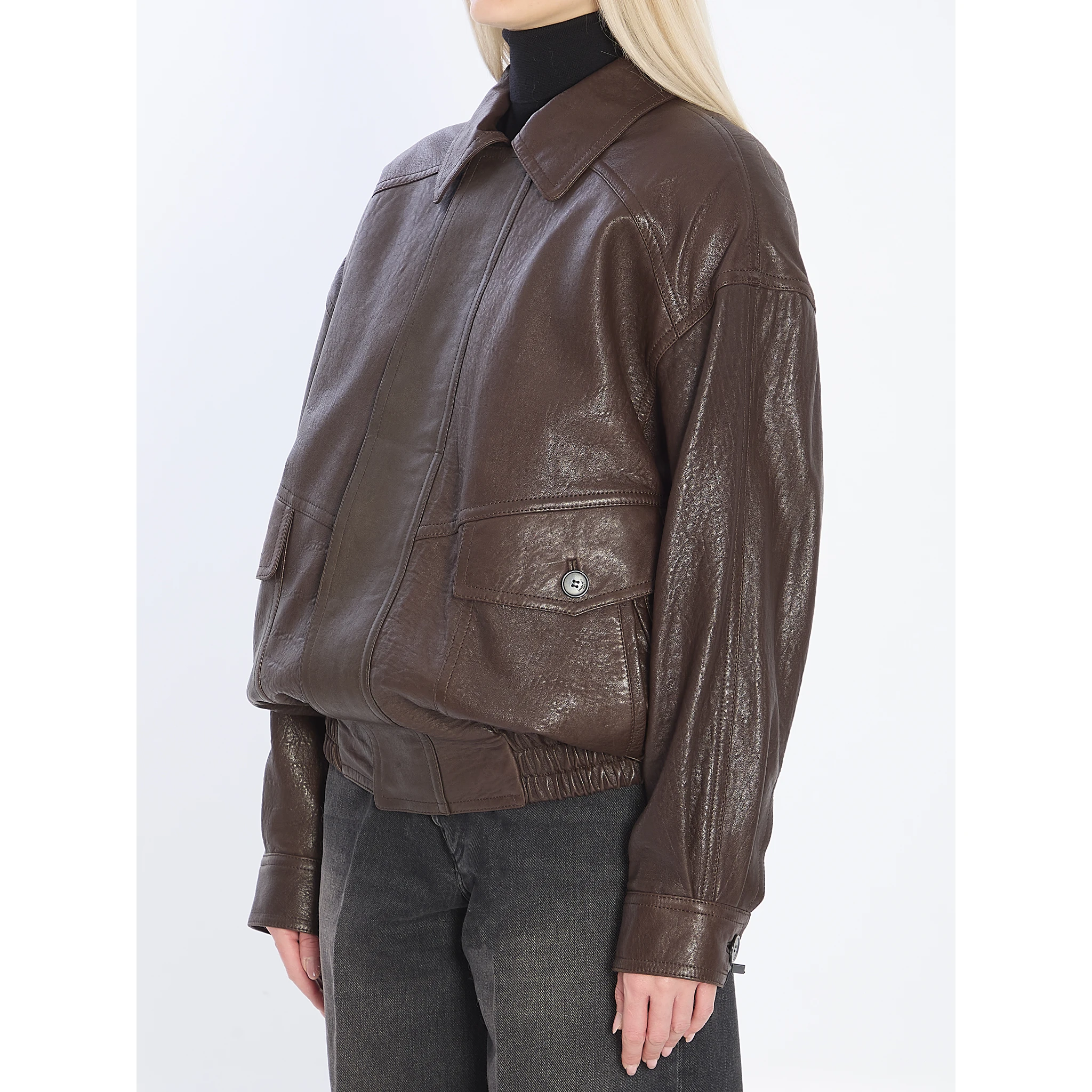 Balloon lambskin leather bomber jacket