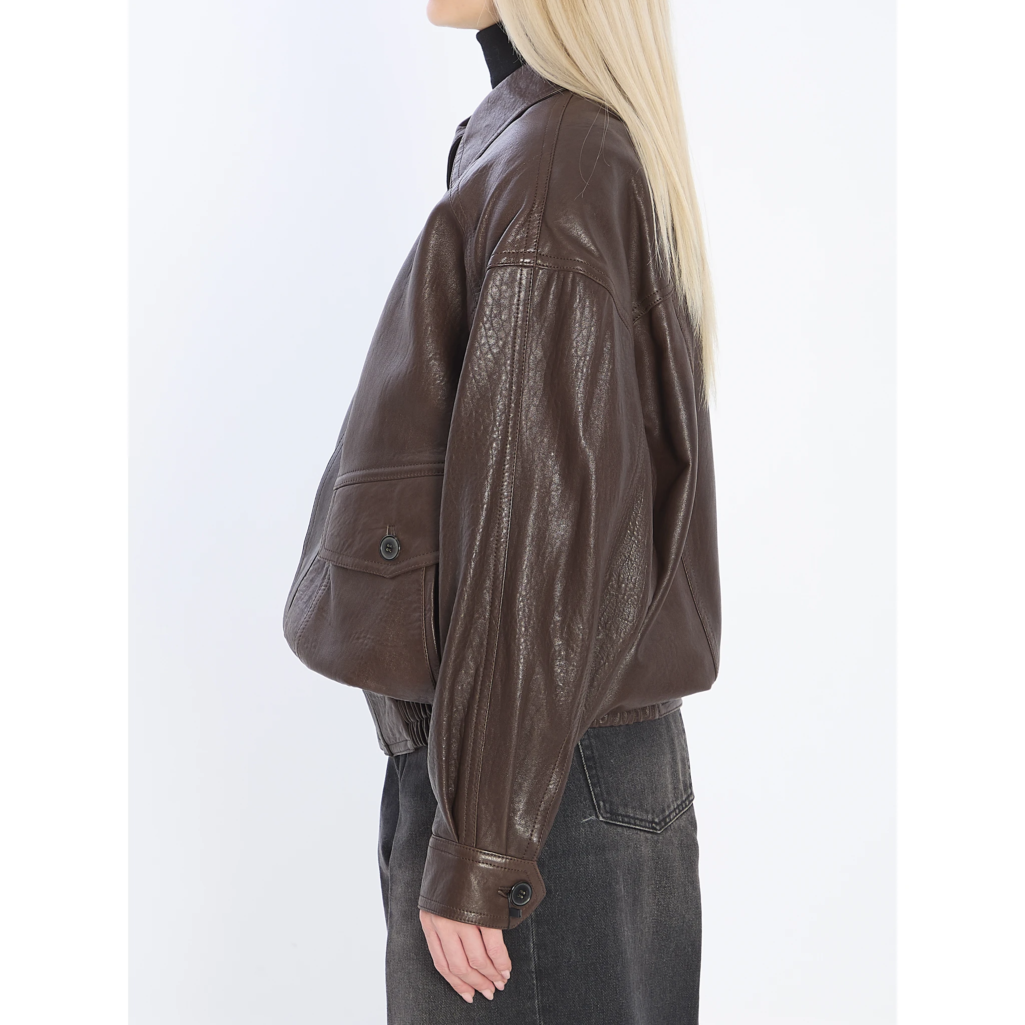 Balloon lambskin leather bomber jacket