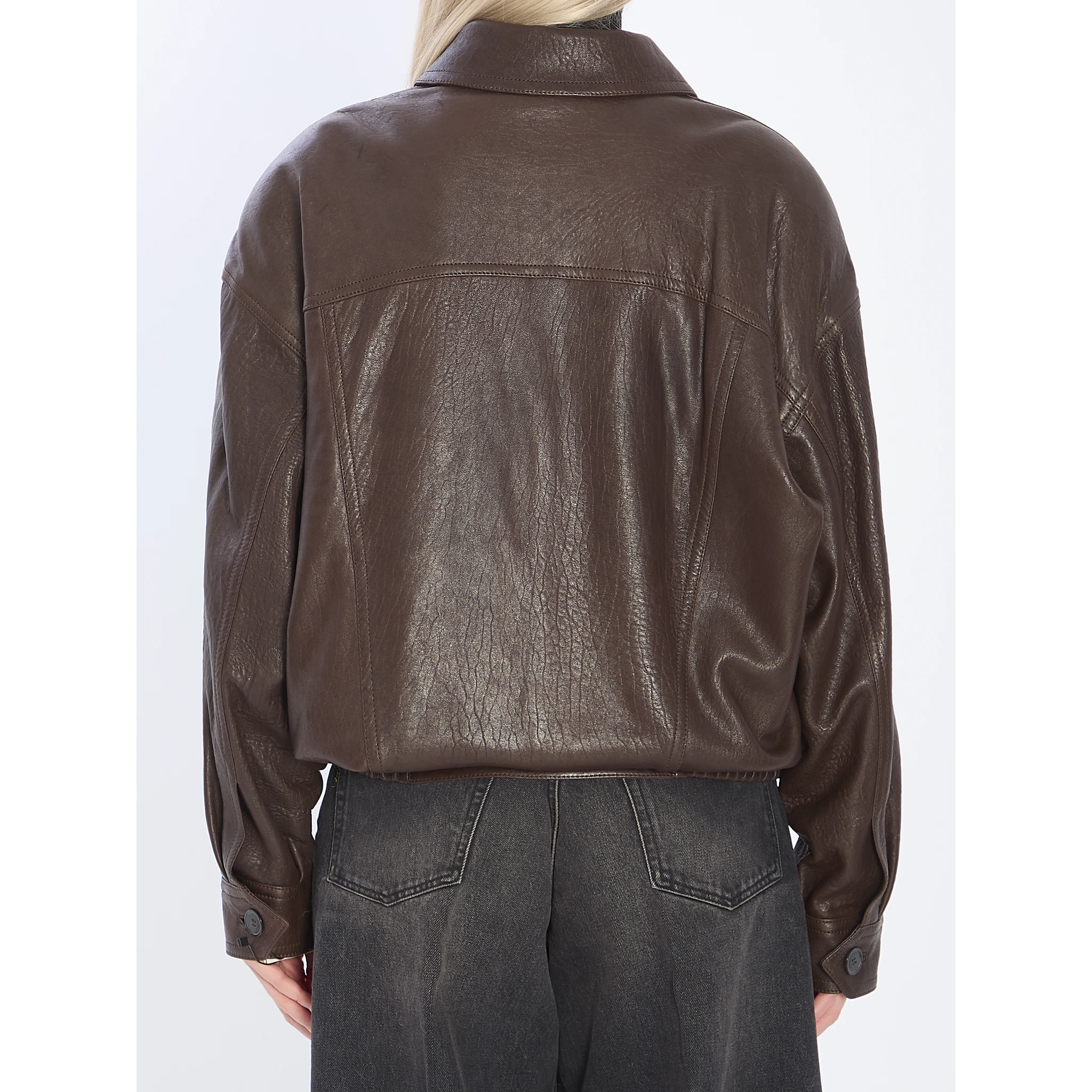 Balloon lambskin leather bomber jacket