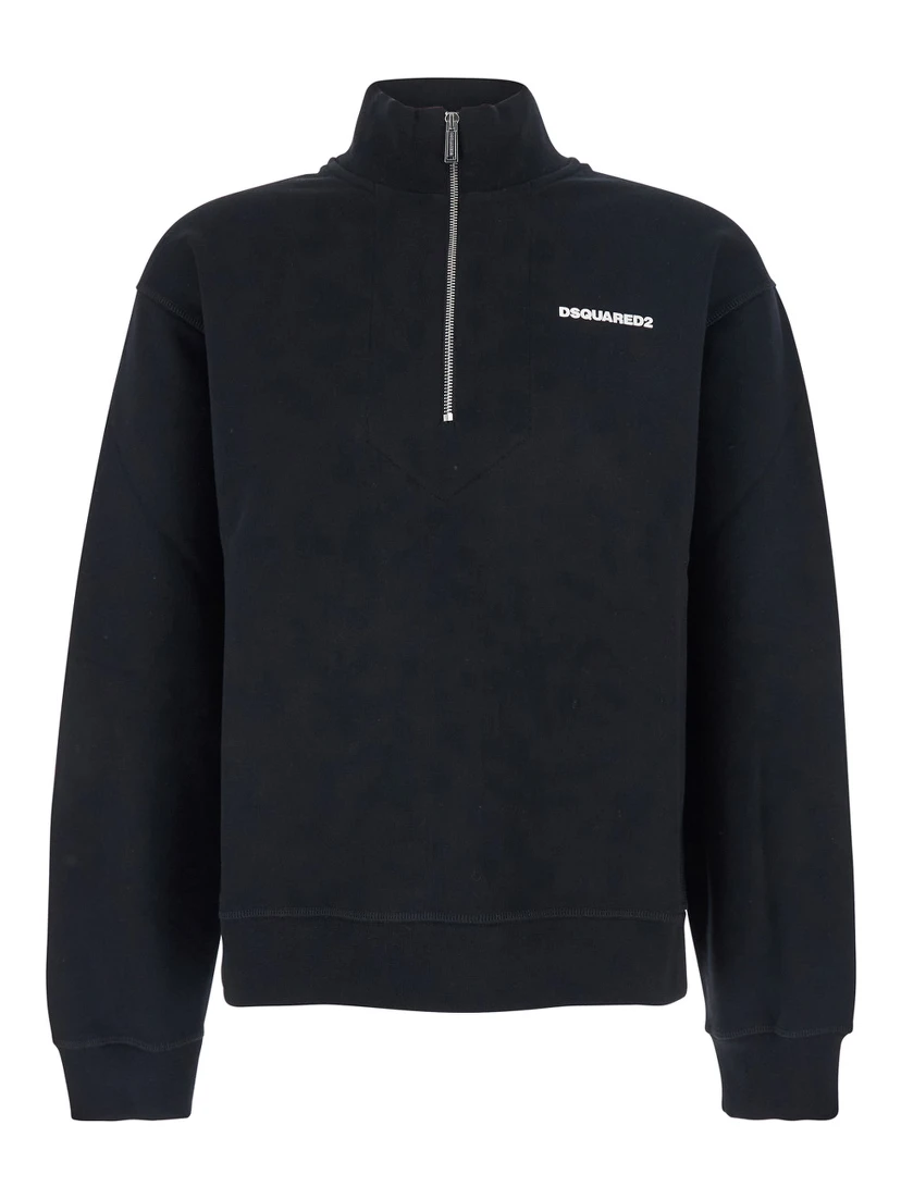 Black High Neck Sweatshirt with Lettering Logo on the Front in Cotton Man