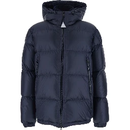 Rivau Dark Blue Down Jacket with Fixed Hood and Logo Patch on the Sleeve in Tech Fabric Man