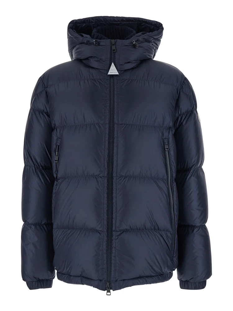 Rivau Dark Blue Down Jacket with Fixed Hood and Logo Patch on the Sleeve in Tech Fabric Man