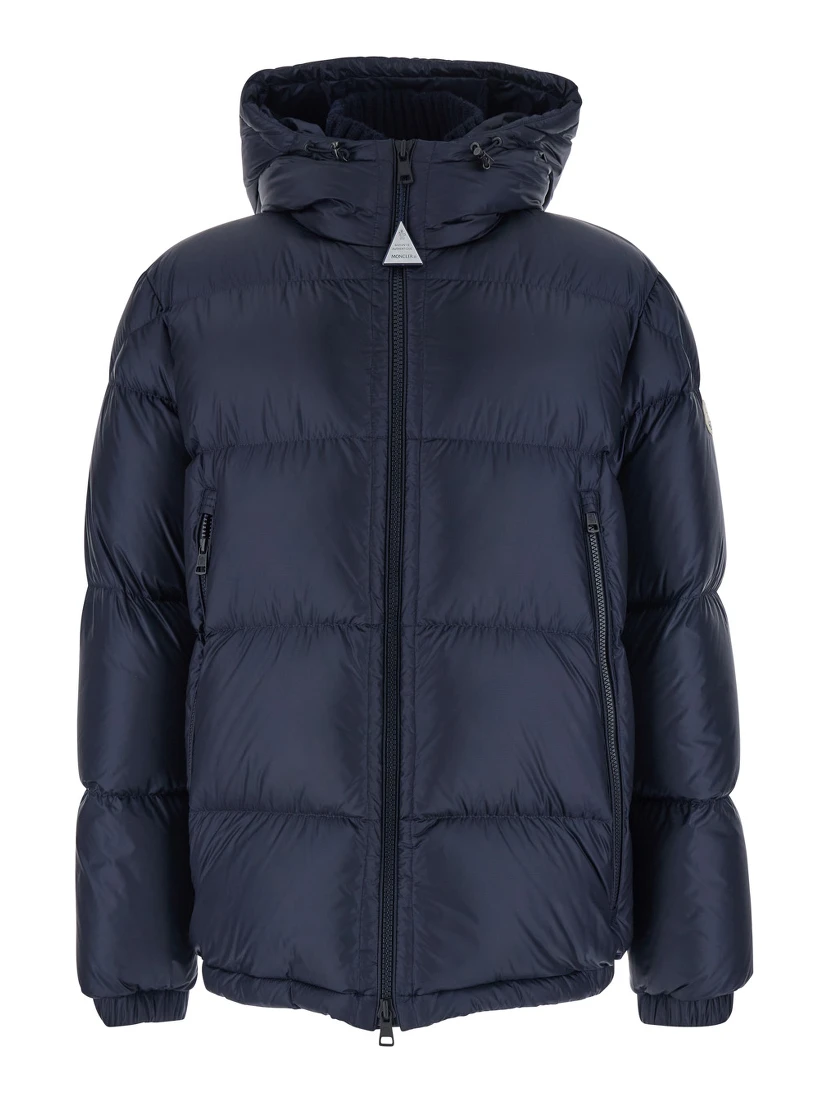 Rivau Dark Blue Down Jacket with Fixed Hood and Logo Patch on the Sleeve in Tech Fabric Man
