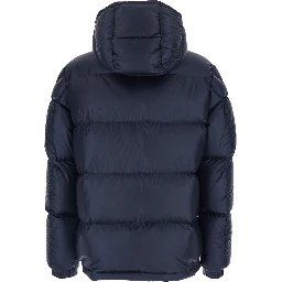Rivau Dark Blue Down Jacket with Fixed Hood and Logo Patch on the Sleeve in Tech Fabric Man