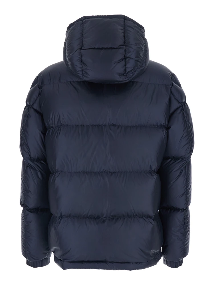 Rivau Dark Blue Down Jacket with Fixed Hood and Logo Patch on the Sleeve in Tech Fabric Man alternative